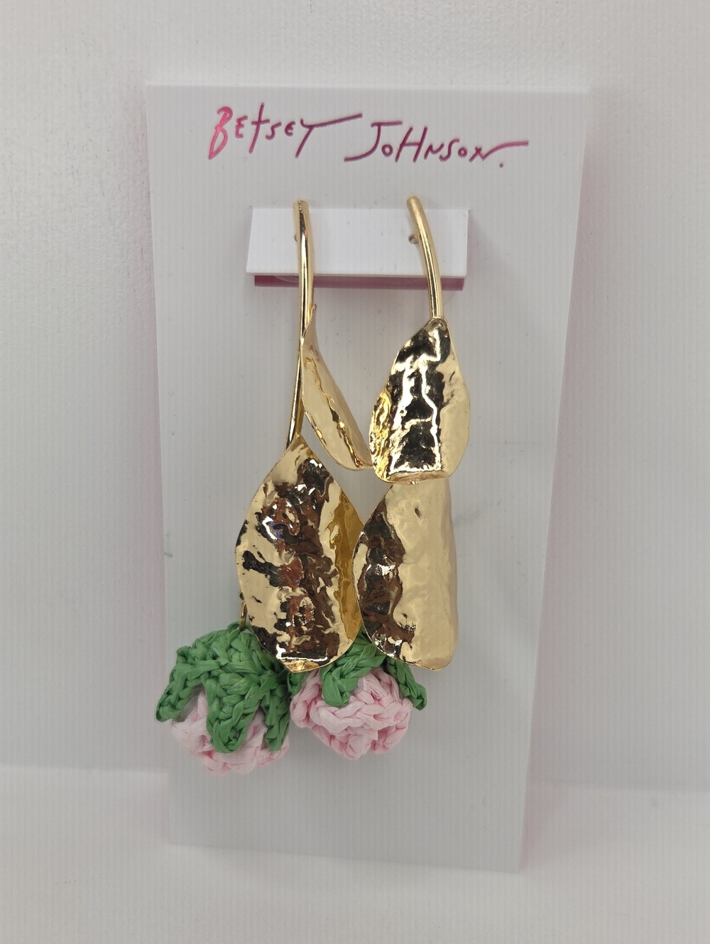 Betsey Johnson Gold Leaf Drop Earrings with Pink & Green Crochet Flowers
